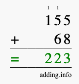 Calculate 155 + 68 using long addition