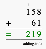 Calculate 158 + 61 using long addition