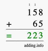 Calculate 158 + 65 using long addition