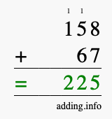 Calculate 158 + 67 using long addition