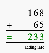 Calculate 168 + 65 using long addition