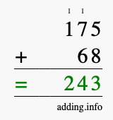 Calculate 175 + 68 using long addition
