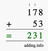 Calculate 178 + 53 using long addition