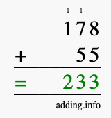 Calculate 178 + 55 using long addition