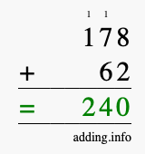 Calculate 178 + 62 using long addition