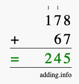 Calculate 178 + 67 using long addition