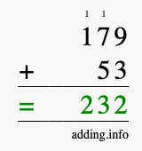 Calculate 179 + 53 using long addition