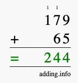 Calculate 179 + 65 using long addition