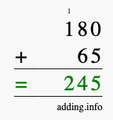 Calculate 180 + 65 using long addition