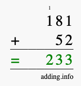 Calculate 181 + 52 using long addition