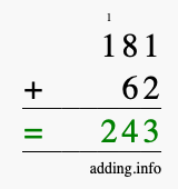 Calculate 181 + 62 using long addition