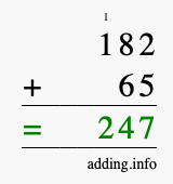 Calculate 182 + 65 using long addition