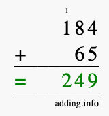 Calculate 184 + 65 using long addition