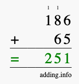 Calculate 186 + 65 using long addition