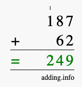 Calculate 187 + 62 using long addition