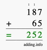 Calculate 187 + 65 using long addition