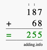Calculate 187 + 68 using long addition
