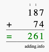 Calculate 187 plus 74 using long addition Calculate 187 + 74 using long addition