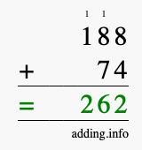 Calculate 188 plus 74 using long addition Calculate 188 + 74 using long addition