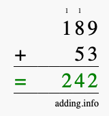 Calculate 189 + 53 using long addition