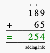 Calculate 189 + 65 using long addition