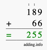 Calculate 189 + 66 using long addition