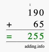 Calculate 190 + 65 using long addition