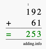 Calculate 192 + 61 using long addition