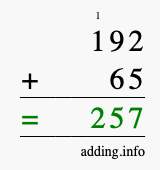 Calculate 192 + 65 using long addition