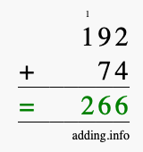 Calculate 192 + 74 using long addition