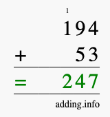 Calculate 194 + 53 using long addition