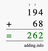 Calculate 194 + 68 using long addition