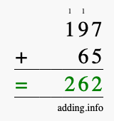 Calculate 197 + 65 using long addition