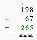 Calculate 198 + 67 using long addition