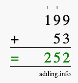 Calculate 199 + 53 using long addition