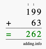 Calculate 199 + 63 using long addition