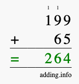 Calculate 199 + 65 using long addition