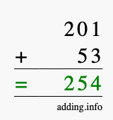 Calculate 201 + 53 using long addition
