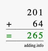 Calculate 201 + 64 using long addition