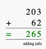 Calculate 203 + 62 using long addition