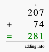 Calculate 207 + 74 using long addition