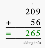 Calculate 209 + 56 using long addition