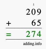 Calculate 209 + 65 using long addition