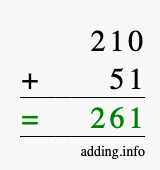 Calculate 210 + 51 using long addition