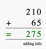 Calculate 210 + 65 using long addition