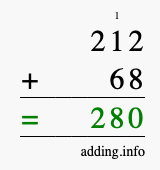 Calculate 212 + 68 using long addition