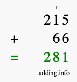 Calculate 215 + 66 using long addition