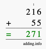Calculate 216 + 55 using long addition
