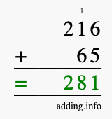 Calculate 216 plus 65 using long addition Calculate 216 + 65 using long addition
