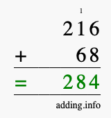 Calculate 216 + 68 using long addition